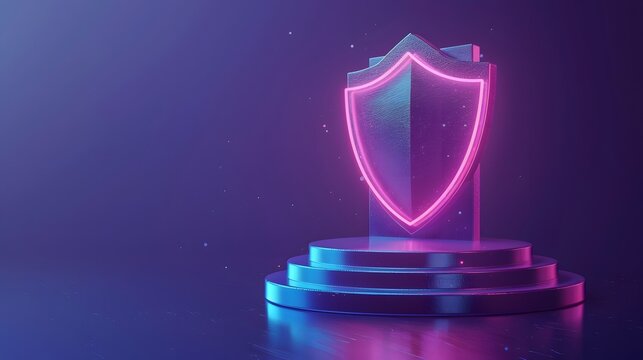Futuristic neon shield on pedestal, symbolizing digital security and protection in a dark, glowing background.