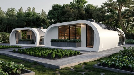 Naklejka premium Eco-friendly habitat, sustainable home design integrated with nature, a green residence with solar panels and organic gardens, the future of abodes