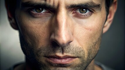 Obraz premium Intense Stare Of A Man With Green Eyes And A Five O'Clock Shadow.