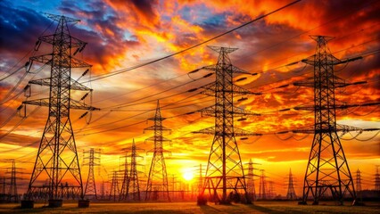 Powering The World. Electricity Pylons At Sunset.