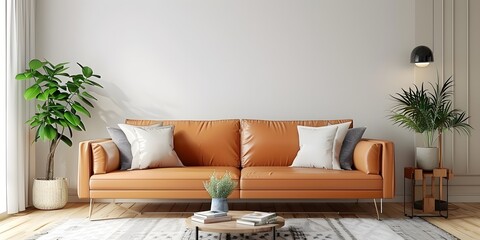 White wall interior living room have orange leather sofa and decoration minimal.