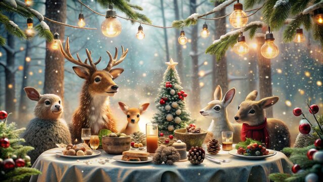 Woodland Creatures Gather For A Magical Christmas Eve Dinner In The Snowy Forest.
