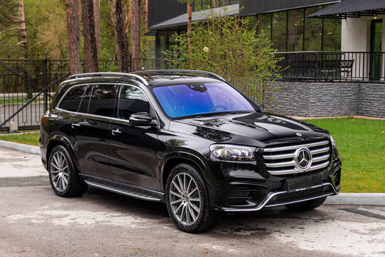 Novosibirsk, Russia -  June 01, 2024: Mercedes-Benz GLS  parked in  park in summer  time,     front view