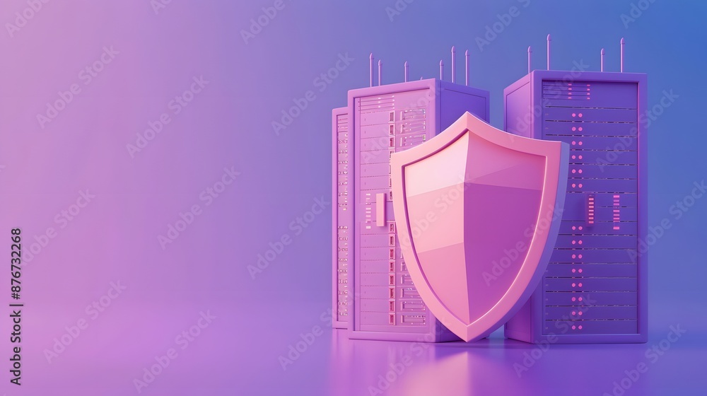 Poster illustration of data protection with shield symbol in front of server units, representing cybersecur