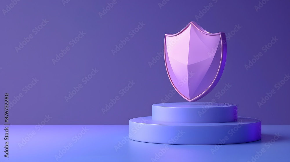 Poster modern 3d render of a purple shield on a minimalist platform, symbolizing security and protection in