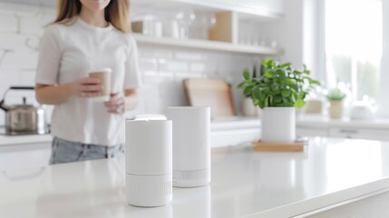 Family utilizing home essential assistance technology, smart devices aiding in daily tasks, emphasizing ease and comfort in a modern household