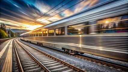Fototapeta premium A Sleek Silver Train Speeds Along The Tracks, Passing A Station Platform At Sunset.