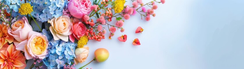Colorful floral arrangement with roses, hydrangeas, and tulips against a light blue background, perfect for spring and celebration themes.