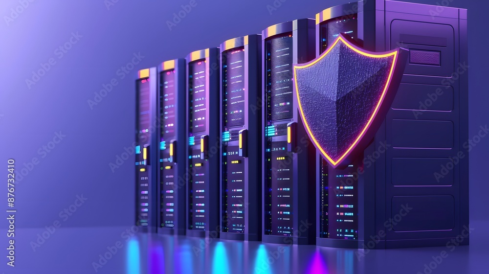 Poster modern server racks with a digital shield represents cybersecurity and data protection in a futurist