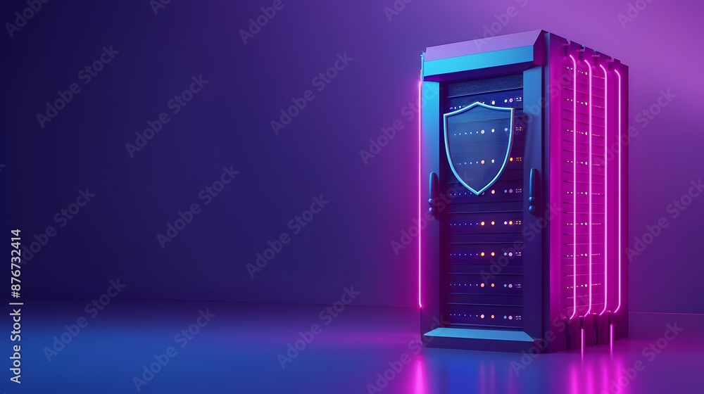 Poster modern server rack with neon lights and security shield icon, representing data protection and cyber