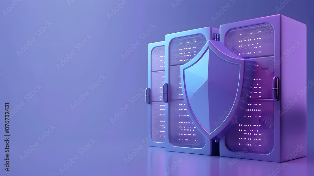 Aufkleber modern server security concept with servers protected by shield on purple background. data protectio
