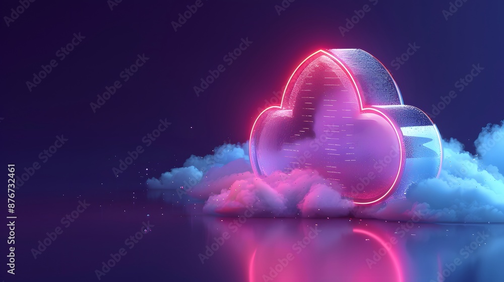 Poster neon glowing cloud with digital code in a futuristic design concept illustrating cloud computing, da