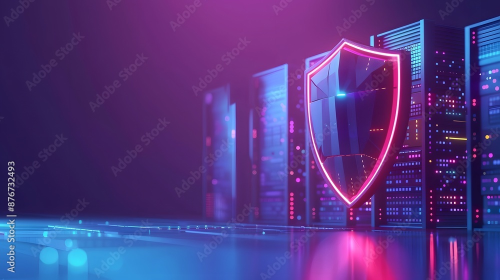 Poster neon security shield in front of server racks in a modern data center, symbolizing cybersecurity, da
