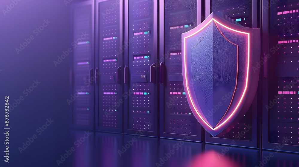 Poster secure data center with glowing shield icon symbolizing data security and protection, cyber defense 