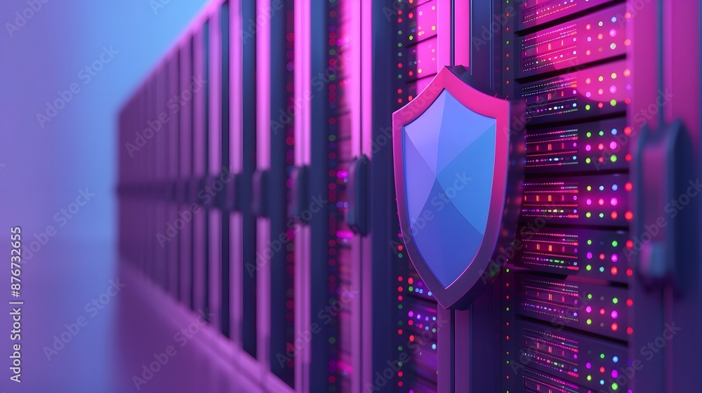Aufkleber secure data server rack with a shield symbol, glowing purple and blue lights representing data prote