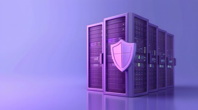 Purple tinted server racks with a shield symbol in a clean, minimalist environment, representing data, security, and technology protection.