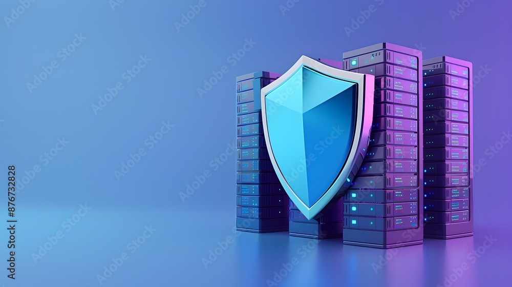 Poster secure server with a blue shield, representing data protection and cybersecurity in modern informati