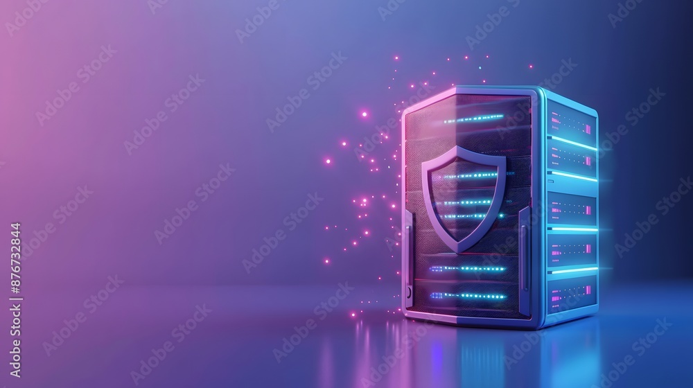 Poster secure server with glowing shield icon representing cybersecurity protection. futuristic defense tec