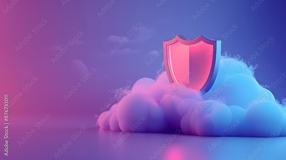 Poster shield symbol above a cloud in a neon background, representing cloud security and data protection.