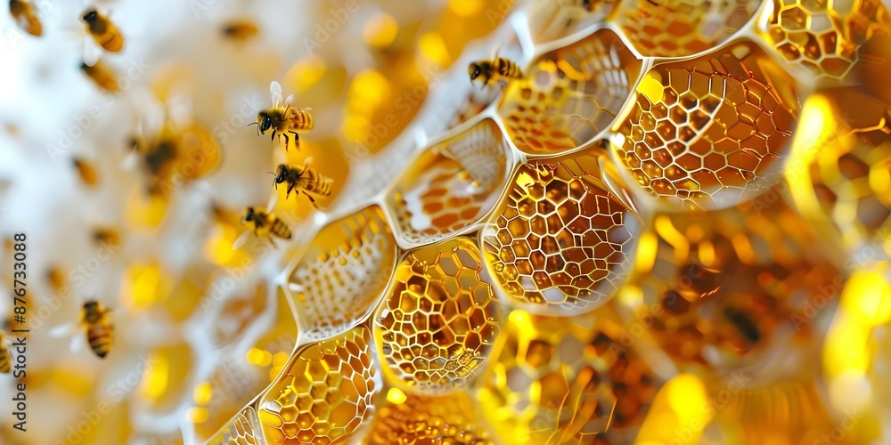 Poster neural network art bee honeycombs and nectar collection in cells. concept neural network art, bee ho