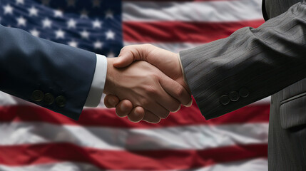 Two men in suits shaking hands against the backdrop of an American flag, in a close-up