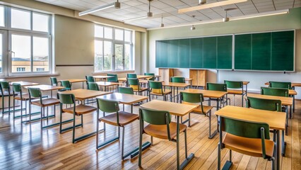 Classroom With Empty Wooden Student Desks And Chairs Arranged In Rows. Blackboard On The Wall.