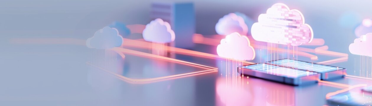 Digital cloud network with glowing neon lights, representing advanced cloud computing technology and data storage solutions.