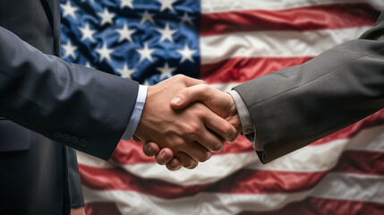 Two men in suits shaking hands against the backdrop of an American flag, in a close-up