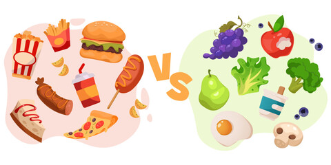Healthy and unhealthy food. Good health snacks, fat fastfood diet or vegetable drink and sweets or nutrition. Meat and fish, fruits and vegetables or junk meal snacks. Vector flat cartoon set