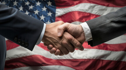 Two men in suits shaking hands against the backdrop of an American flag, in a close-up