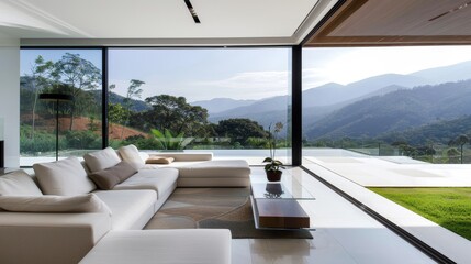 Fototapeta premium Modern minimalist residence, sleek architectural design, large windows overlooking a serene natural habitat, a contemporary abode