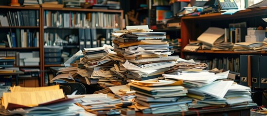 A cluttered office desk filled with stacks of papers, books, and documents in a busy and chaotic workspace.