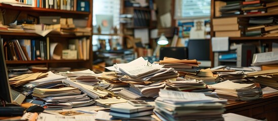 A cluttered office desk filled with stacks of papers, books, and documents in a dimly lit room, creating a chaotic and busy workspace atmosphere.