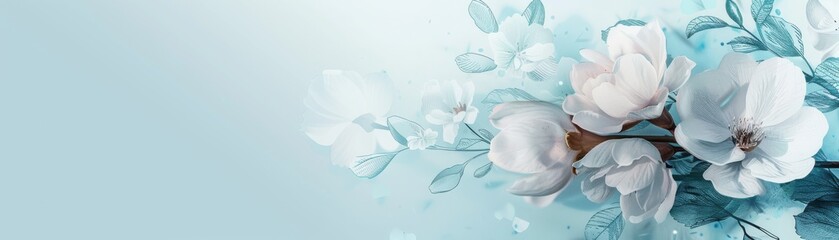Elegant pastel floral background featuring white flowers on a light blue backdrop. Perfect for invitations, greeting cards, and design projects.