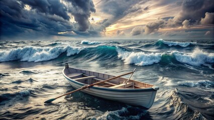Small Boat On Stormy Sea. Oars In Water. Dark Clouds In Background.