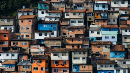 Fototapeta premium Overcrowded community with poor housing conditions, families living in poverty, highlighting the need for basic shelter, aid, and support
