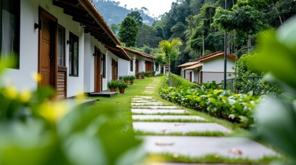 Picturesque village featuring unique abodes and welcoming accommodations, surrounded by lush greenery and serene atmosphere, ideal for peaceful retreats