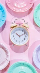 A vintage alarm clock placed against a pastel-colored background with various round shapes, evoking a sense of nostalgia and time, perfect for retro and decor themes.