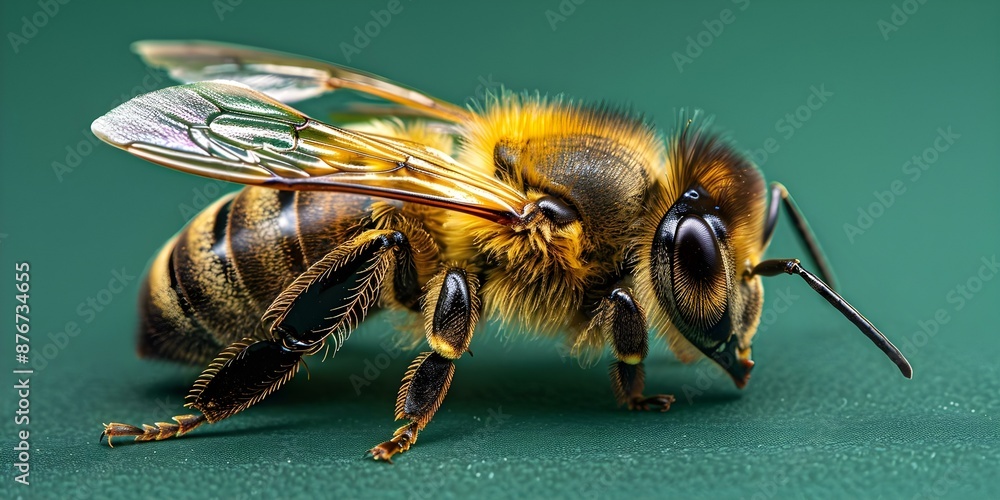 Poster macro shot of a honeybee with spread wings highlighting its unique patterns. concept macro photograp