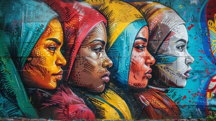 Graffiti art showcasing cultural diversity women from different ethnic backgrounds, graffiti wall background 