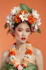 Fototapeta premium portrait of a beautiful asian model with tropical leaves outfit