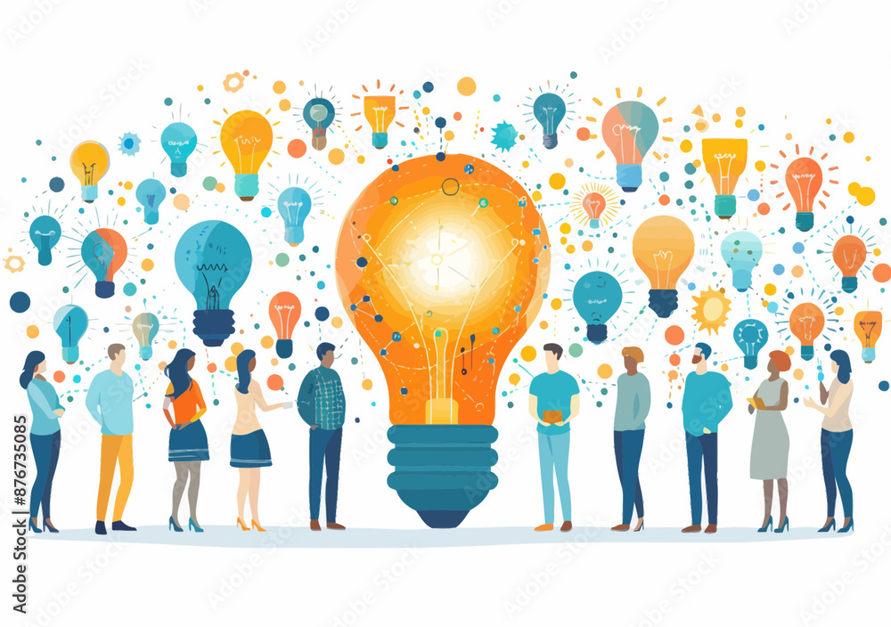 Aufkleber team brainstorming session with light bulb symbolizing new ideas and problem solving in minimalistic