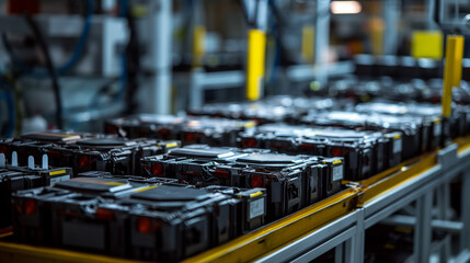Fototapeta premium Multiple batteries moving on conveyor belt