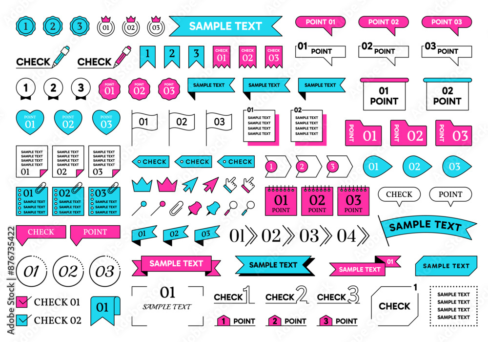 Poster Text frames. Title design icons, check point box or ribbon, bullet and number banner figures, memo flags stickers. Decorative elements for presentation and infographic. Vector simple lines set