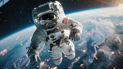 Fototapeta premium Astronaut floating in space, Earth visible in the background, star-filled galaxy, serene and awe-inspiring, zero gravity