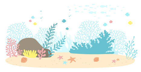 Underwater marine life of a coral reef. Illustration of background in a blue palette colors