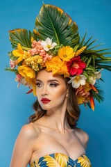 Naklejka premium studio fashion portrait of young beautiful model wearing tropical leaves and flowers dress outfit, posing on background.