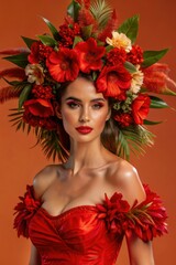Naklejka premium studio fashion portrait of young beautiful model wearing tropical leaves and flowers dress outfit, posing on background.