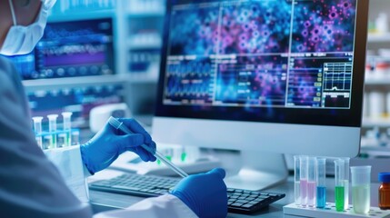 Close-up of clinical trial data being analyzed on a computer screen, various charts and graphs, analytical process