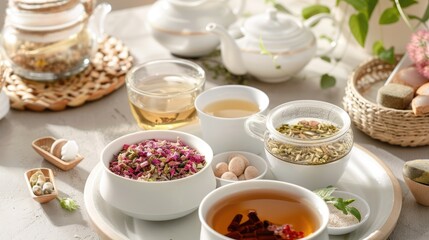 Herbal tea and healthy snacks arranged in a spa setting, emphasizing wellness and nutrition